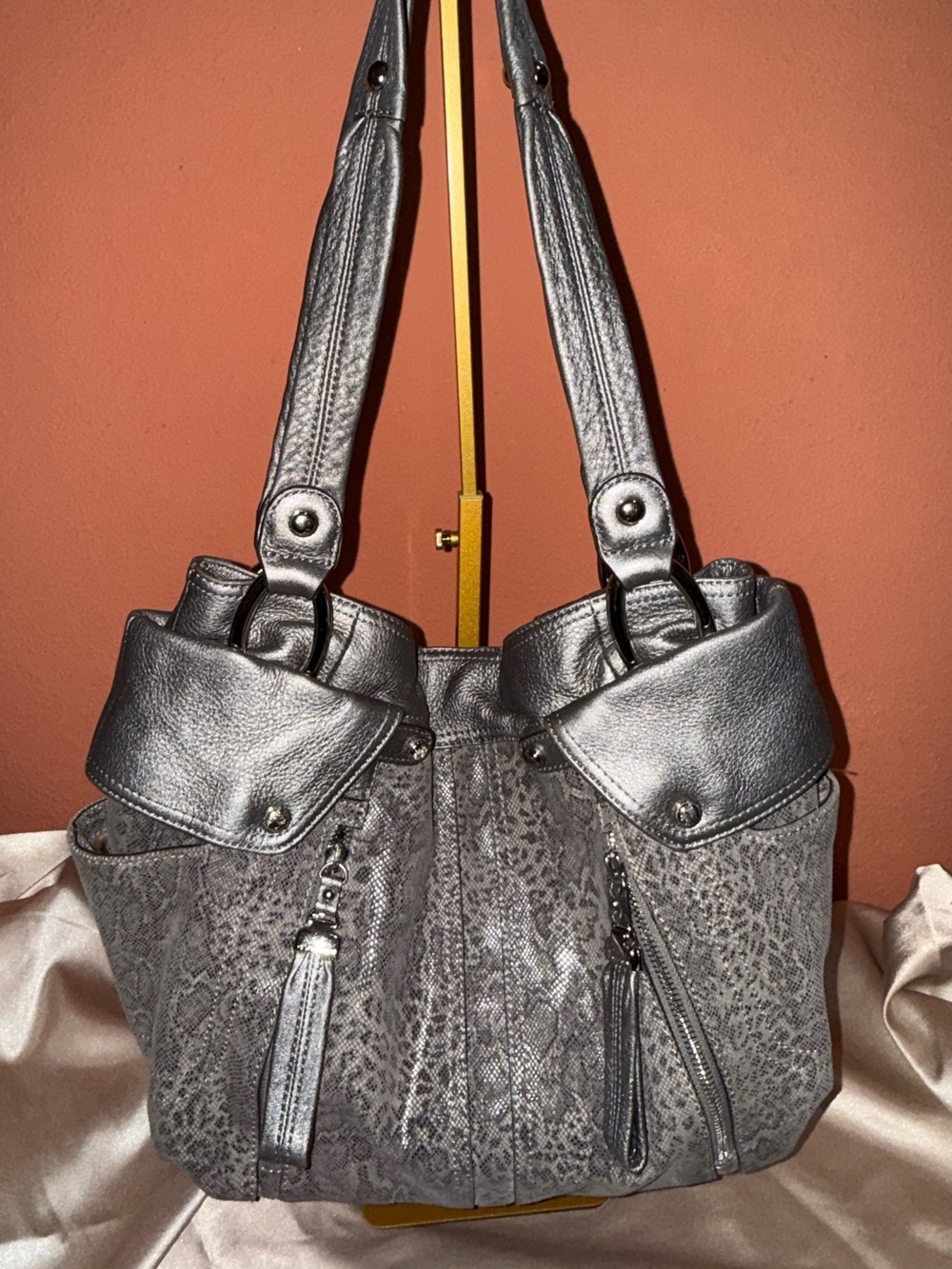b. makowsky Metallic Gray Textured Shoulder Bag